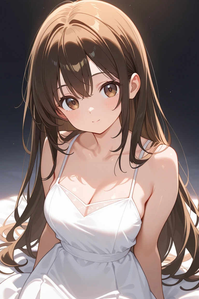 (leaning forward:1.3)、Upper Body, Realistic, real person, (pale skin: 1.2), RAW photo, photorealistic, shiny skin, shiny hair、(A 25-year-old woman with medium-length hair and bangs) and (wavy hair) and (brown hair) and (orange eyes) , (white) and (off shoulder blouse) 、(blush:1.5), smile, Background is white、Alone、Are standing