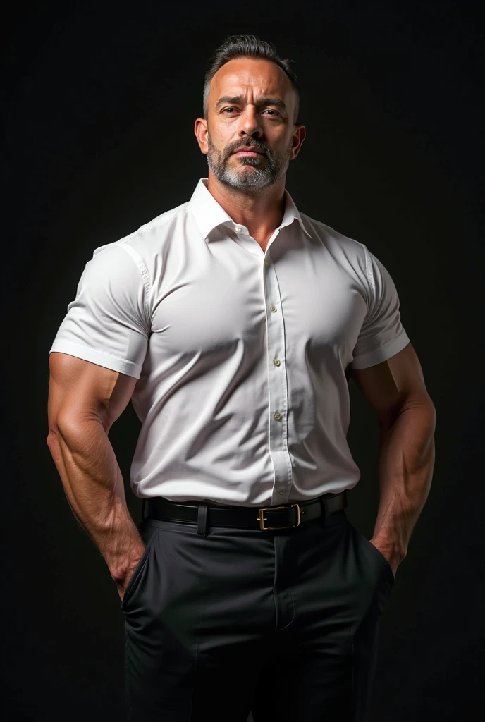 handsome mature man in his 50s,white man with a tanned complexion,(well-defined pecs and arm muscles),full body, facial hair styled into a neatly groomed beard,(intelligent and alluring eyes),a captivating, symmetric face with strong and defined facial features,a confident smirk on his lips,giving off an air of wisdom and rugged charm,beefy build that emanates strength and vitality. ((Full body)), beige formal trousers