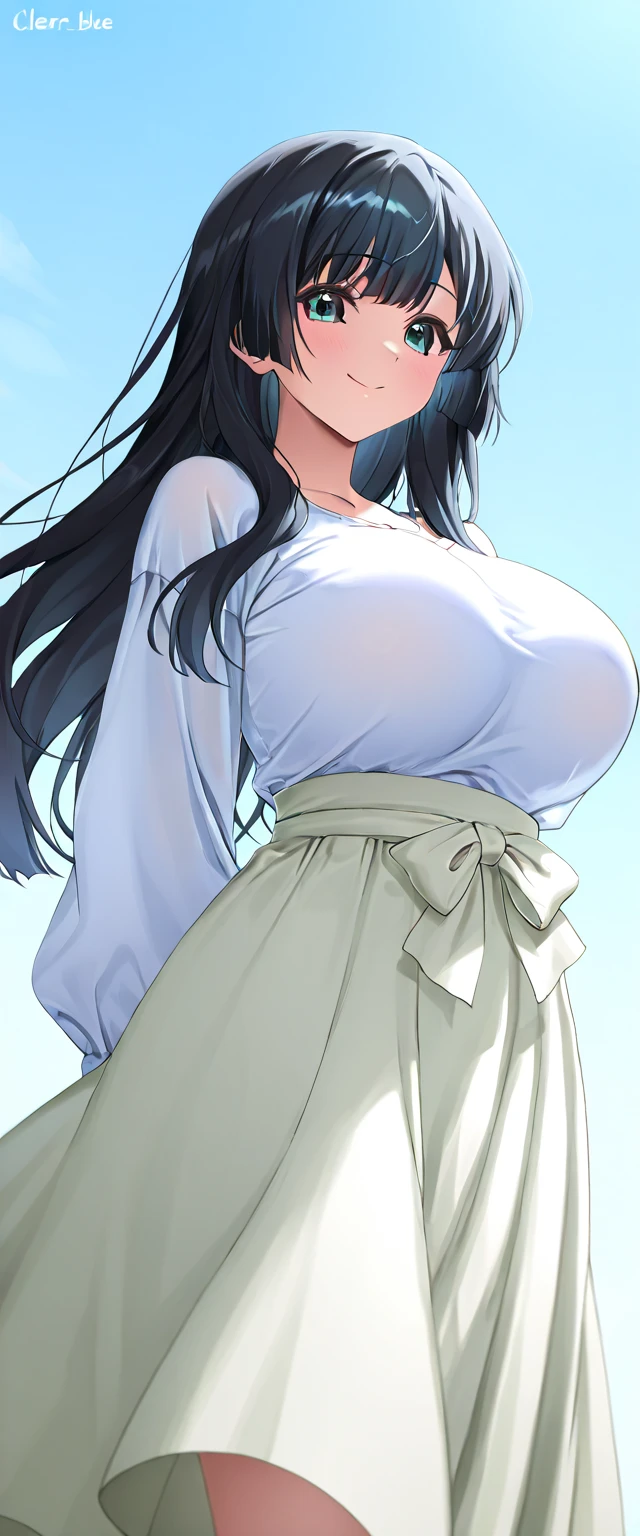 nsfw, masterpiece, extra limbs, 1japanese house wife, 38 years old, black extra long hair, huge breasts plump beautiful breasts, (((smile))), (((clothed white blouse,buck long skirt))),wedding ring, standing breast hold