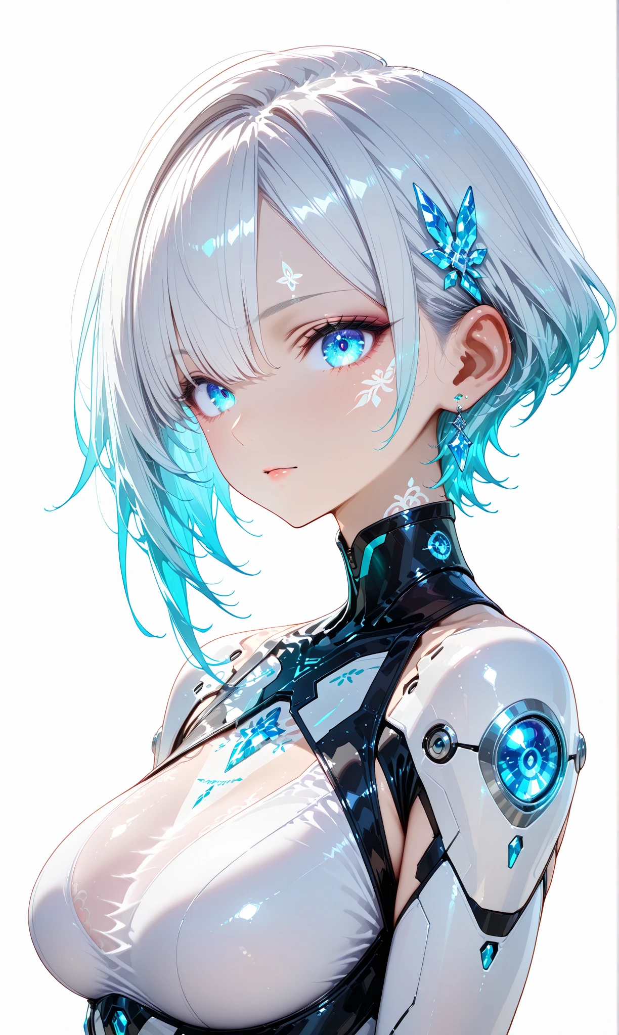(masterpiece:1.3), (8K、best quality:1.3), (Photorealistic Anime Girl Rendering, ((Draw the outline with a line drawing)), Realistic anime 3D style), (1 girl), (very beautiful 14 year old girl), (cute, little:1.3), Symmetrical perfect face, Beautiful light blue bob cut, bangs, intense blue eyes, Eye-catching highlights, Realistic eyes, Beautiful eyelashes, Great smile, Accurate and natural normal size breasts, Perfect Anatomy, Glowing Skin, Highly detailed skin, Silver metallic sleeveless dress, Lace ornament, Exposed shoulders, Decorative choker, Silver long boots, Silk lace bra and panties, Light blue cat ears, Sleek and futuristic headphones, Take a seat in a futuristic space shuttle, Dynamic Angle, Cyberpunk Background, The cockpit instruments and monitors light up., Volumetric lighting, Soft Light, bright, neon, bright色, Create digital artwork in pop art style