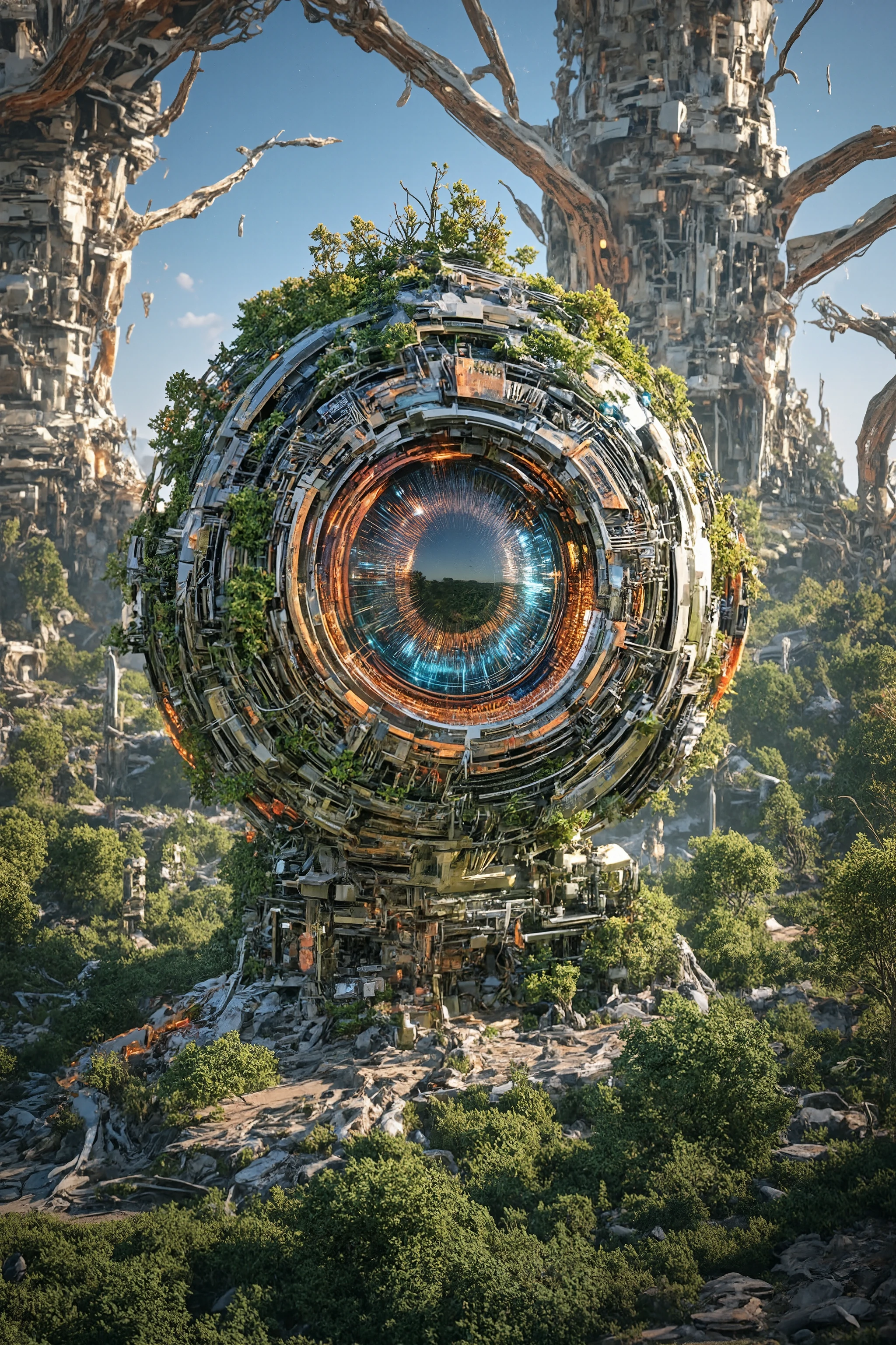 (masterpiece,top quality:1.2),theme is cybernetic eye,Complex Circuits、(Fusion of machines, nerve system, plants, and human society),ultra-wide shot,what's your thought?