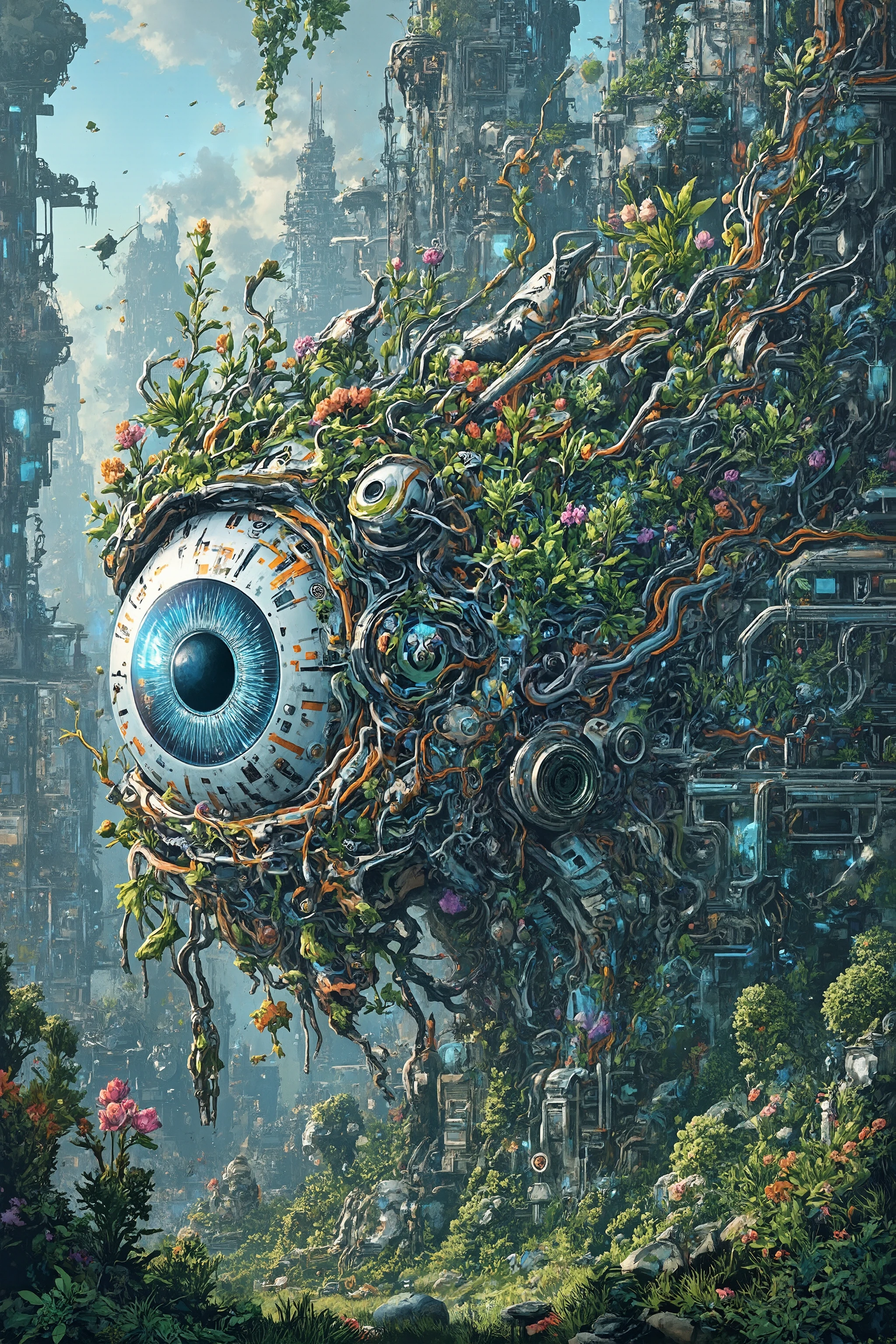 (masterpiece,top quality:1.2),theme is cybernetic eye,Complex Circuits、(Fusion of machines, nerve system, plants, and human society),what's your thought?