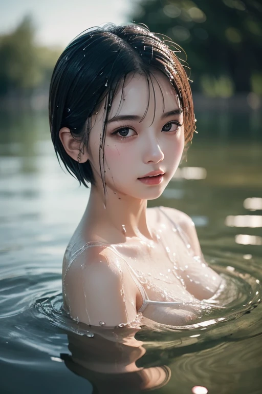 SFW,(((Misako Renbutsu)))Beautiful Young Female with Short hair in Lake, extremely delicate and beautiful,Outstanding light and shadow,Clear and bright sunlight, Professional portrait (Face Closeup from below), Semi-nude photography, close up portrait of bathing in a lake, reeds, ((backlighting)) Sparkling water surface with Reflection and Refraction, ((Soaked body in water)), (beltbra) Visible Upper breasts, {lens flare|Shade|bloom|[chromatic aberration]}, TopQuality Masterpiece of 8K Ultra-detailed DigitalPainting (by Jeremy Lipking)