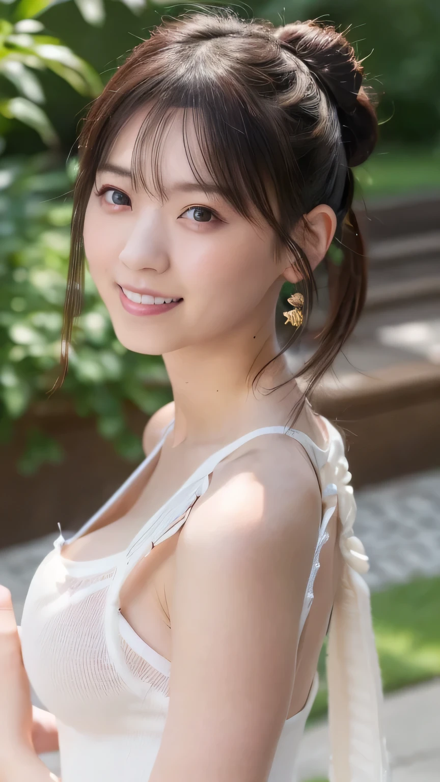 best quality, highres), long brown hair,bow on head,girl,beautiful detailed eyes,beautiful detailed lips,long eyelashes,soft facial features, cute smile, looking at, flower garden background, sitting on a swing, vibrant colors,pleasant lighting,artistic rendering,(The cutest girl in the world:1.5),