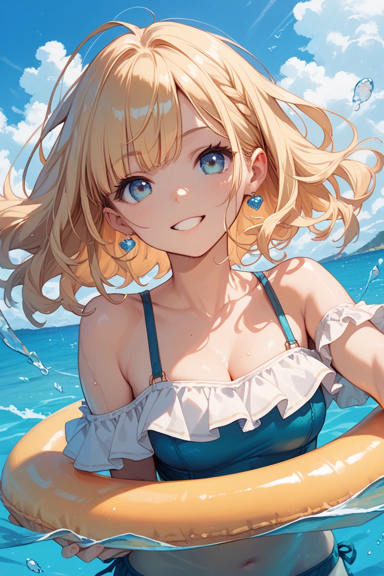 (masterpiece, best quality:1.2), (absurdres, highres, ultra-detailed), (perfect anatomy), 
Beautiful woman、bikini、Ocean、Blonde、Blue inner color、Pupil water、Swim ring、shaved ice

(8K, RAW photo:1.2),detailed face and eyes,intricate detail ,masterpiece ,sharp focus, high quality,BREAK,rating: general, newest