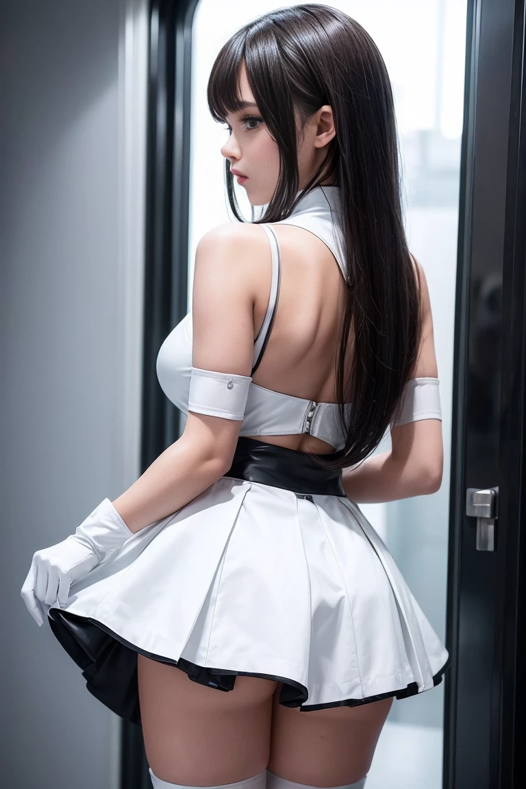 ((best quality)), ((masterpiece)), ((1girl)), solo, Ferry, ((long hair)), FerryBase, ((thighhighs)), bare shoulders, ((jewelry)), ((sleeveless)), white dress, blue skirt, ((gloves)), thigh-high, from behind.