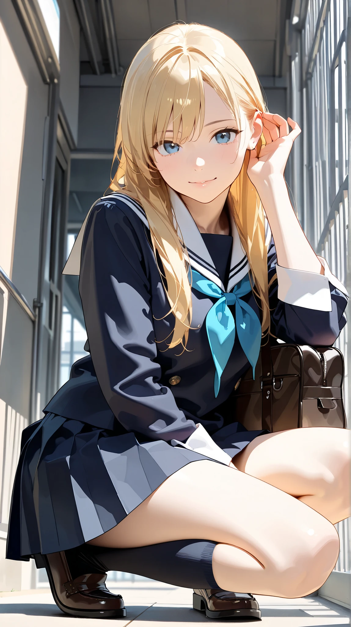 score_9, score_8_up, score_7_up, score_6_up, score_5_up, (masterpiece, best quality), ultra detailed, photorealistic, masterpiece, best quality, high resolution, 1girl, medium breast, clothed school uniform, school bag, school, main gate, blond long hair, left hand on own ear, evil smail, from below, looking at viewer, squatting,