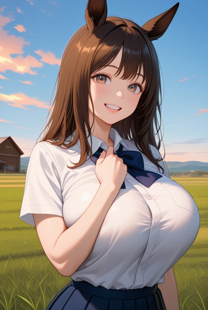 Female character, Brown hair, green eyes, very Super big big breasts, farmer's clothing tight, marked nipples, sad look, sad smile, hands together, her breasts fall from her hands, 37 year old woman, milf, belly chubby, Farmer's clothes, commoner's clothes, poor woman clothes, two men behind her grabbing her breasts
