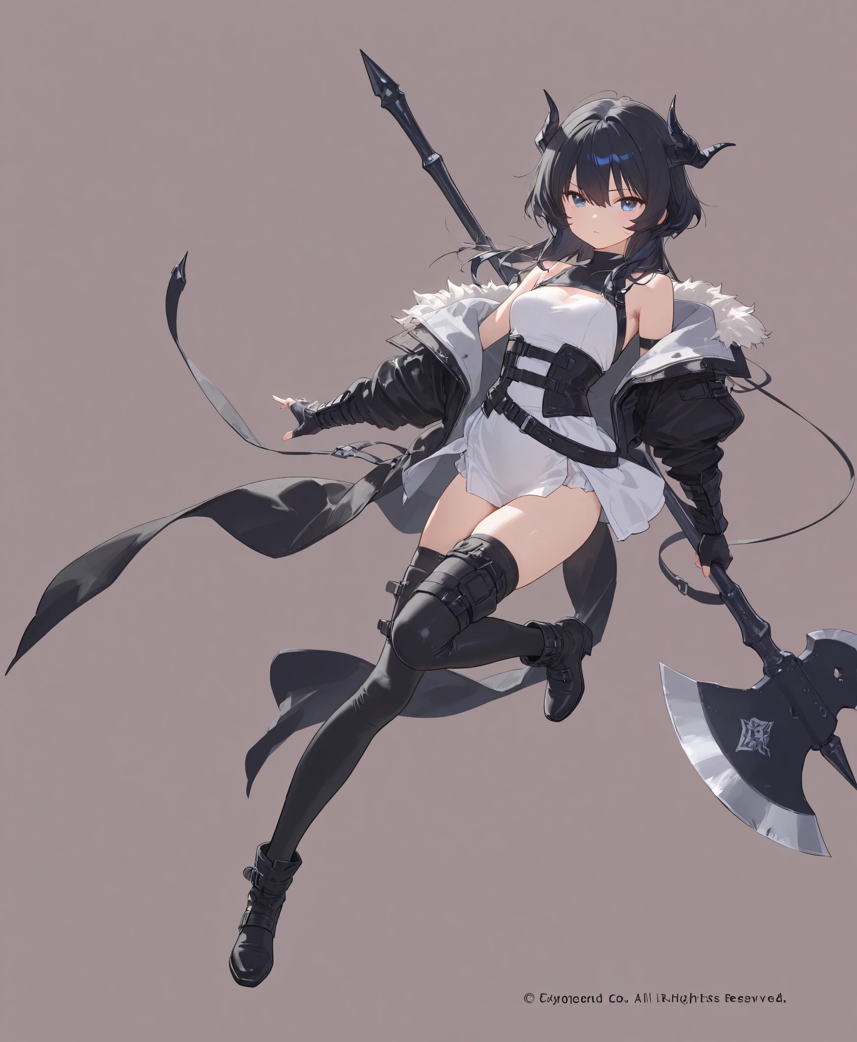 full body、high image quality during sick leave、Superb details、Face off against dragons、 fight scene、Axe、simple background