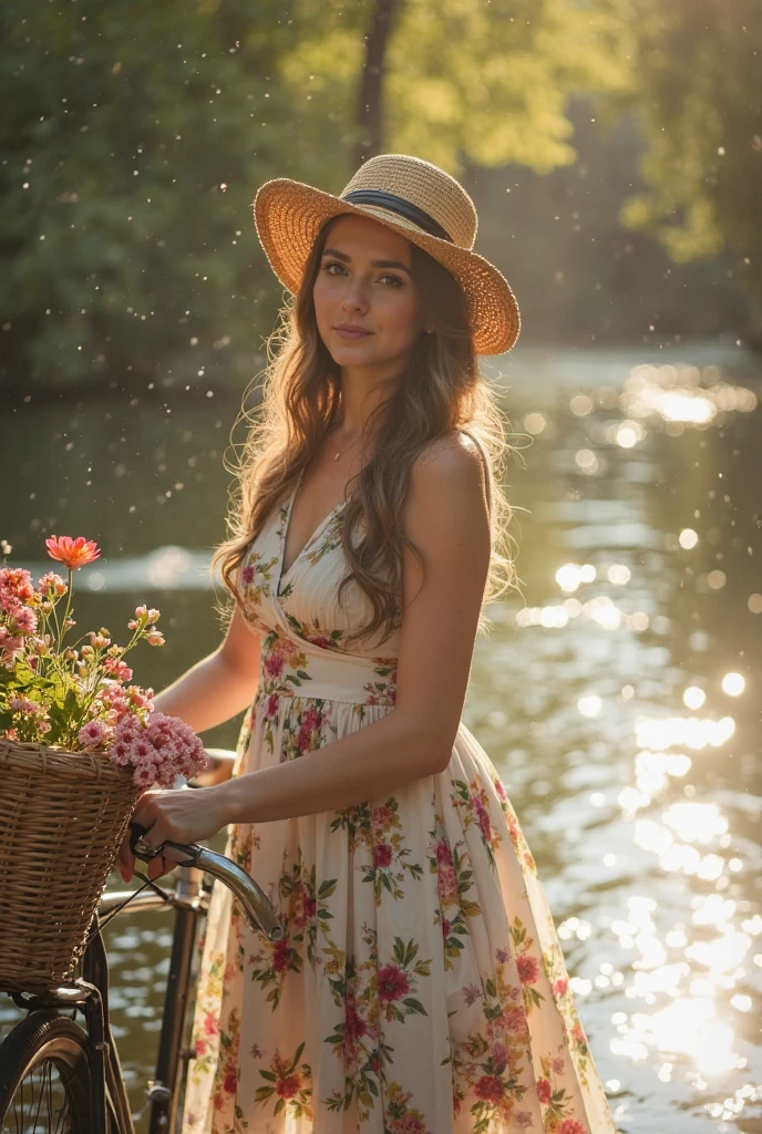 Vintage style. Beautiful young woman in a floral dress and a straw hat ...