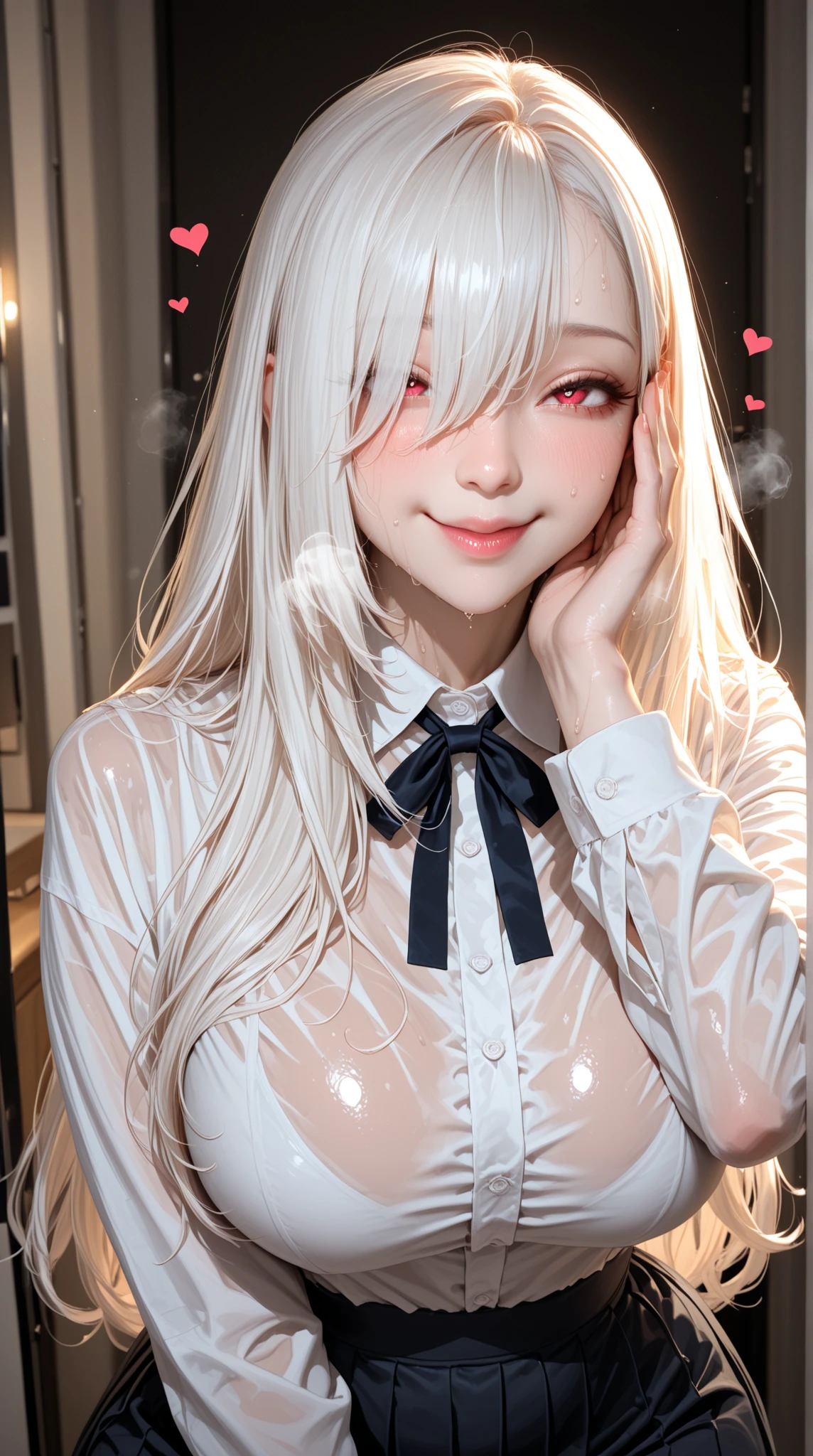 high quality, detailed,W-sitting,she is 13 years old and junior High school girl wearing very very wet and very transparent long sleeve white shirt and purple tie,purple plaid skirt,(bob hair,bob hair)(wearing black overknee socks),a mole under the eye,(tounge out,tounge out tounge out),(blushing:1.4),the whole body,(((white muddy liquid on clothes:1.3))), (((white muddy liquid on hair:1.3))), (((white muddy liquid on face:1.5))),, ((((large amount of white muddy liquid:1.3))))taken from the front,on the bed,smile,