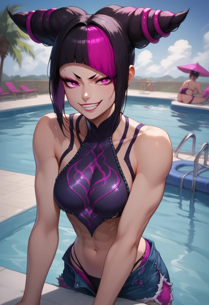 18 year old Yoruichi Shihöin from Bleach with tanned skin and a seductive smile, in a purple thong bikini flexing her muscles in a pool to show off her chiseled body and rock hard abs, highly detailed 
