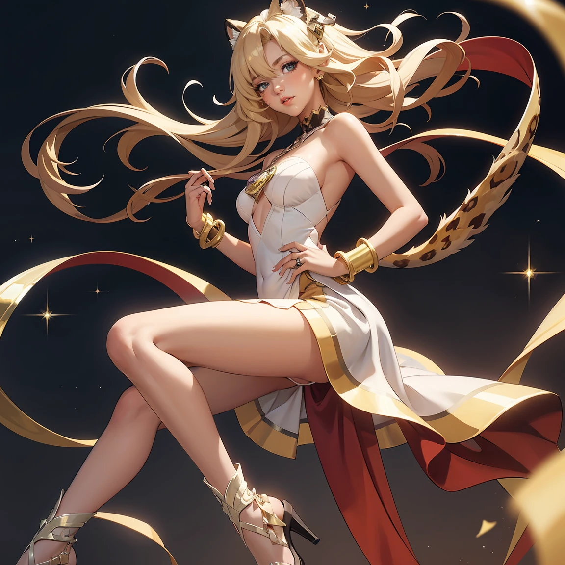 golden angel, golden feathers, blonde women, gold costume, golden palace, golden light, kemono ears, big chest, busty, smile, blush, (Perfect body:1.1), (Short wavy hair:1.2), Full body shot, (Very elaborate CG 8K wallpaper),(Very delicate and beautiful),(Masterpiece),(Best Quality),(Ultra High Definition), Detailed skins, Ultra detailed, (( Colorful)),