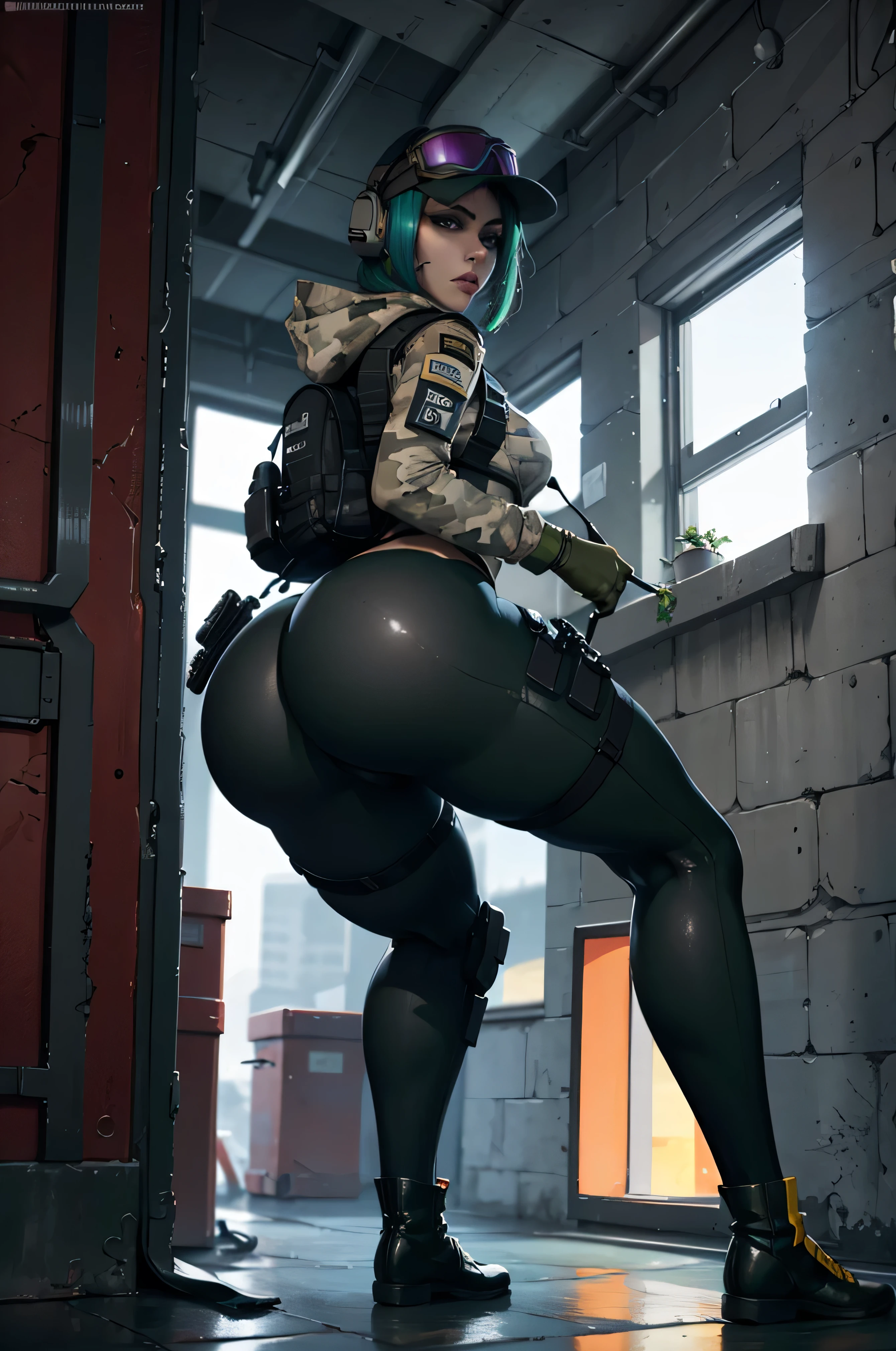 8k portrait of ela (rainbow six siege)
, camouflage, solo, green hair, backpack, boots, hat, goggles, goggles on headwear, pants, looking at viewer, jacket, hood, bag, short hair, headset, blue eyes, camouflage jacket, gloves, holster, hood down, thigh holster, radio antenna, military, headphones, leggings
,  ((full body)), piercing eyes, looking at the viewer, dynamic pose, ((thighs)), (big :1.0), looking back, (huge ass:1.4)
, best quality, (photo-realistic:1.2), looking at the viewer, film grain, construction site scene, construction site background, debris, low angle
, dark scene, rim lighting, two tone lighting, dimly lit, low key hdr,