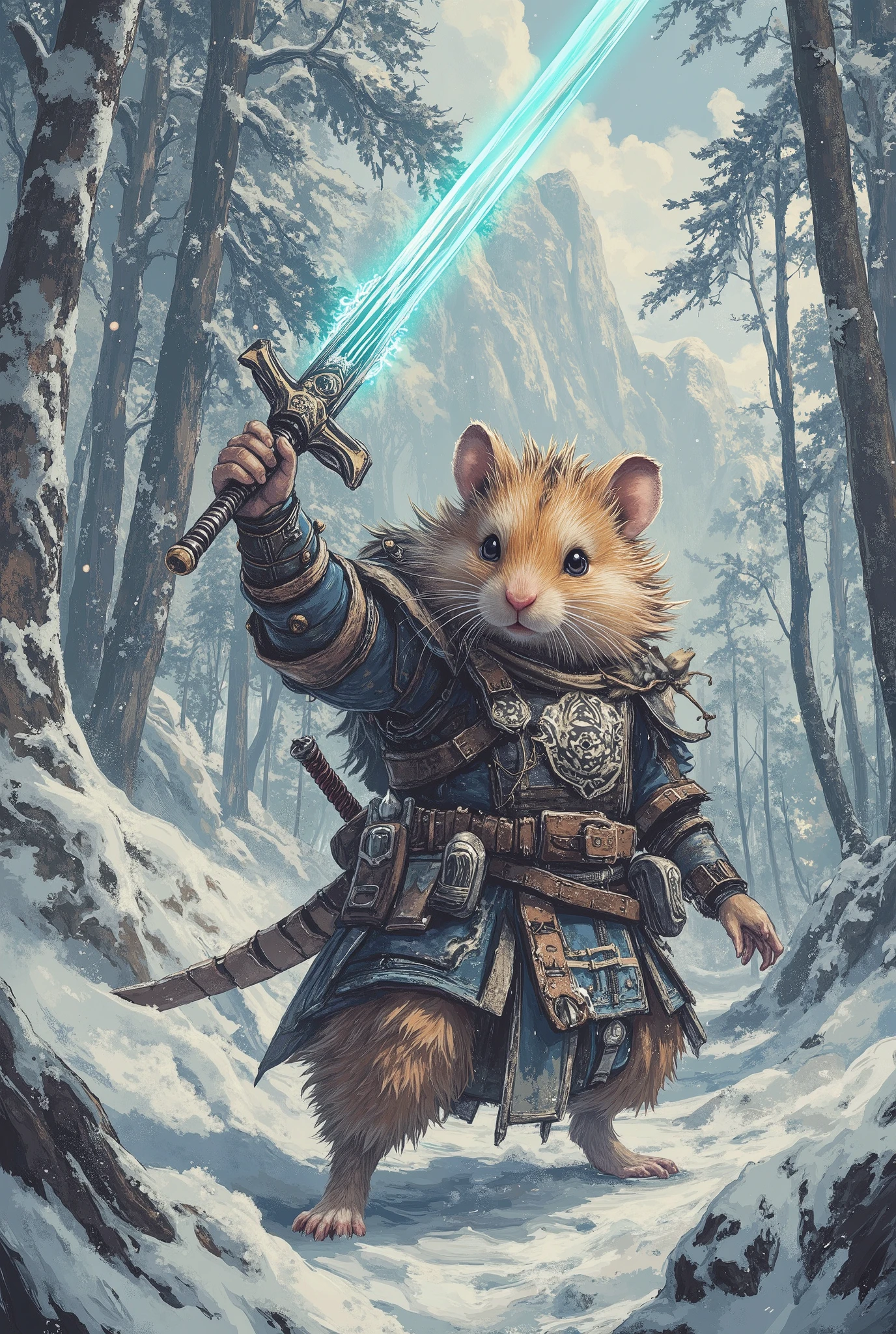 hamster dressed like the dragonborn from skyrim, masterpiece, best quality, Super Detail,an epic,4K,snowy forest , wears fur armor , Holds a glowing sword, In fantasy art style, cinematic light , ultradetailed, 8k resolution ,((nimmt eine an epice samuraihaltung ein:1.4)),((Both hands on the handle of the sword :1.3)),(beautiful, detailed:1.1) , (complicated, detailed:1.1),( adventurous :1.1) atmosphere, (Fantasies:1.1) setting , (Epos:1.1) And (powerful:1.1), a feeling of (freedom:1.1) And (Strength :1.1).