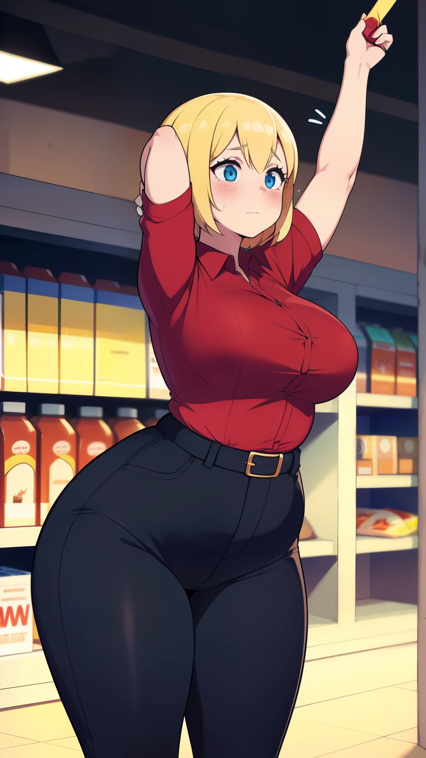 ((highres)), Masterpiece, high quality, best quality, beautiful, perfect lighting, detailed face, ultra cute face, ((1girl)), ((blush)), one girl has blonde hair, blue eyes, red shirt, black pants, work uniform,tight clothes, super market, medium breasts, perky breasts, wide hips,