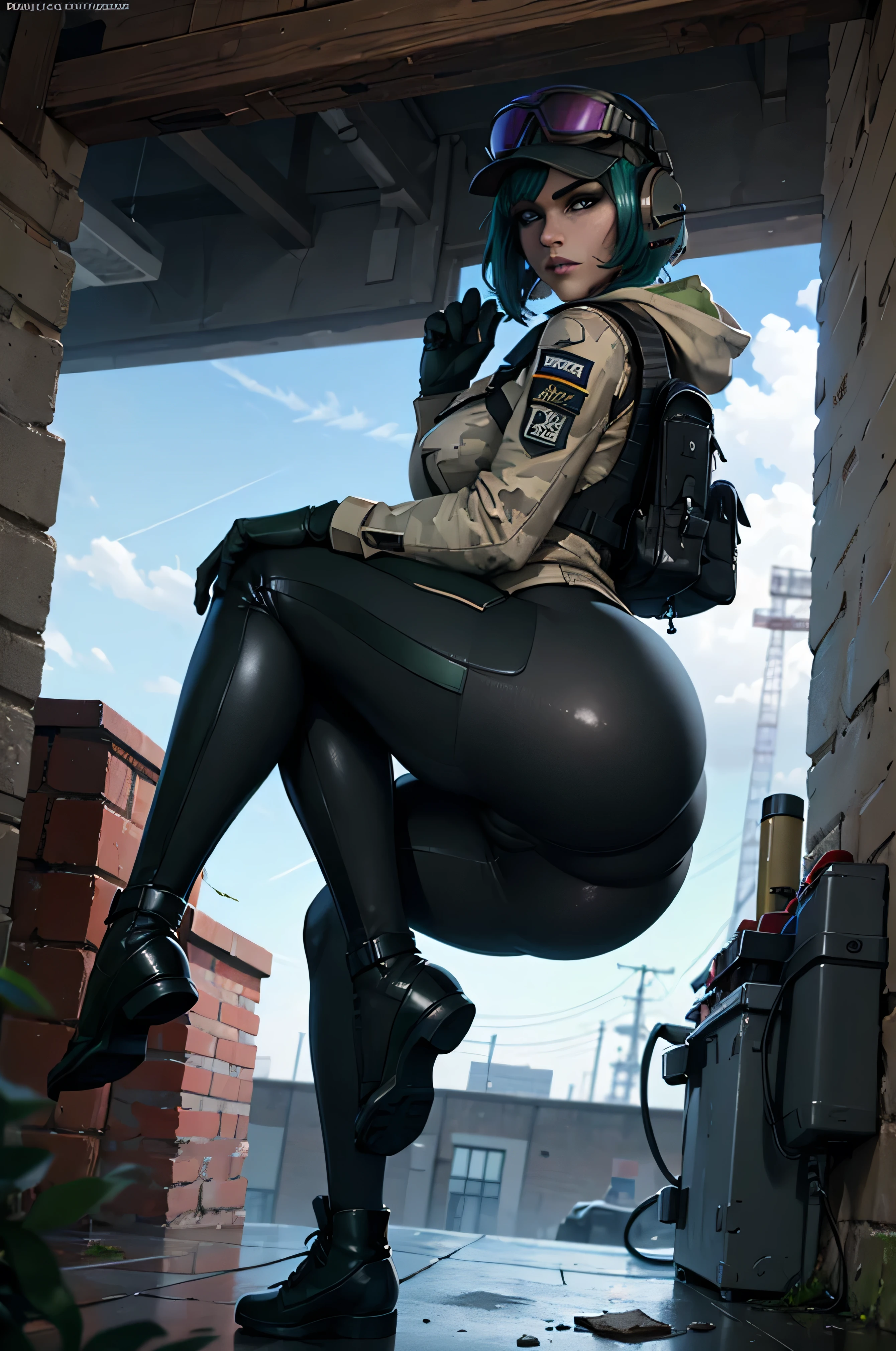 8k portrait of ela (rainbow six siege)
, camouflage, solo, green hair, backpack, boots, hat, goggles, goggles on headwear, pants, looking at viewer, jacket, hood, bag, short hair, headset, blue eyes, camouflage jacket, gloves, holster, hood down, thigh holster, radio antenna, military, headphones, leggings
, ((full body)), piercing eyes, looking at the viewer, dynamic pose, ((thighs)), (big :1.0), looking back, (huge ass:1.4)
, best quality, (photo-realistic:1.2), looking at the viewer, film grain, construction site scene, construction site background, debris, low angle
, dark scene, rim lighting, two tone lighting, dimly lit, low key hdr,