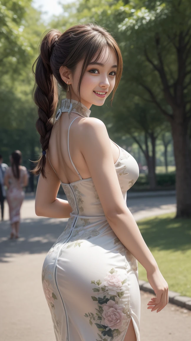 One Japan woman in wedding dress、
(((masterpiece))), ((top-quality)), ((intricate detailes)), (((hyper realisitic)), Absurd resolution, Near and far law, ighly detailed, Realistic, ((Colossal tits)), perfect hand, Detailed finger, beatiful detailed eyes, shorth hair, Black eyes,(Photograph from the side), 细致背景, a choker, perfect eyes, mesmerizing eyes, Look at viewers, From Side、A smile、Mole on the mouth、Cowboy Shot、s ass、poneyTail、In the street、(((Soio)))