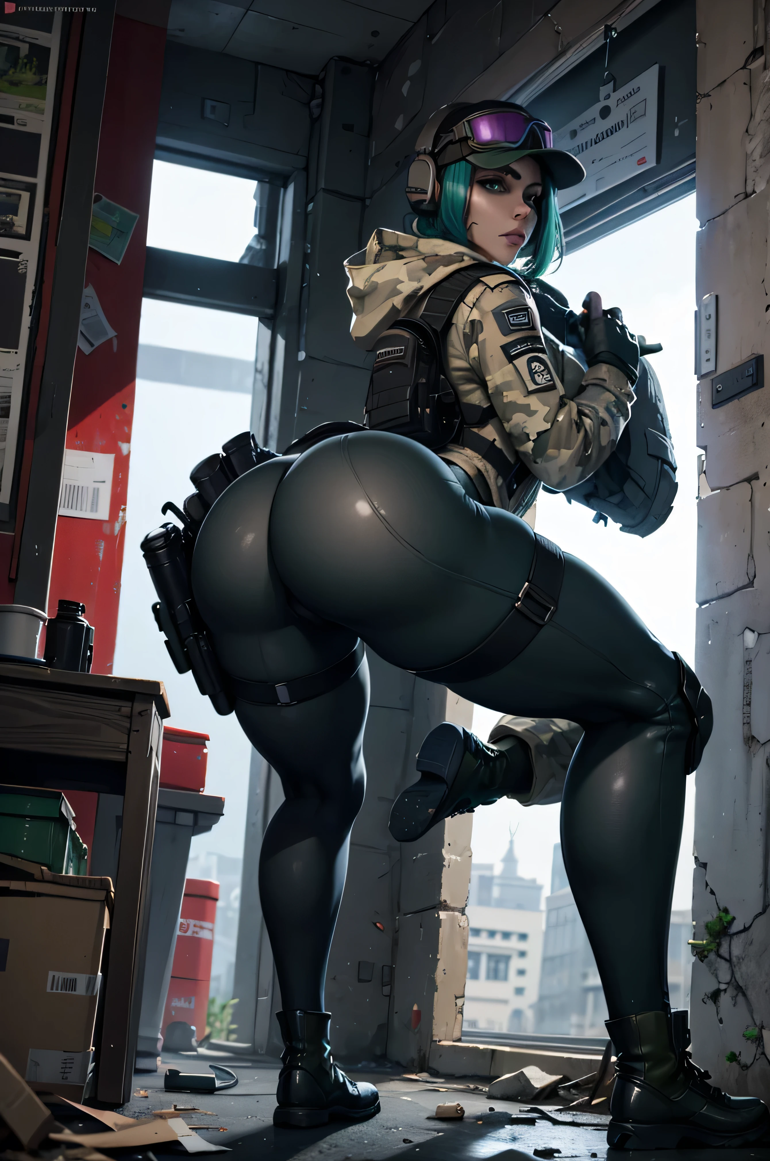 8k portrait of ela (rainbow six siege)
, camouflage, solo, green hair, backpack, boots, hat, goggles, goggles on headwear, pants, looking at viewer, jacket, hood, bag, short hair, headset, blue eyes, camouflage jacket, gloves, holster, hood down, thigh holster, radio antenna, military, headphones, leggings
,  ((full body)), piercing eyes, looking at the viewer, dynamic pose, ((thighs)), (big :1.0), looking back, (huge ass:1.4)
, best quality, (photo-realistic:1.2), looking at the viewer, film grain, construction site scene, construction site background, debris, low angle
, dark scene, rim lighting, two tone lighting, dimly lit, low key hdr,