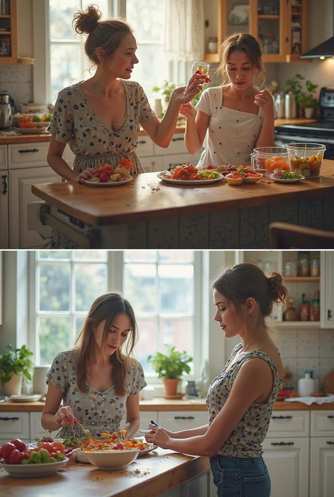 Elizabeth Olsen, actress, smiling, cooking, short top, realistic look, 8k high resolution, perfect lighting, full body, ilumination, realistic