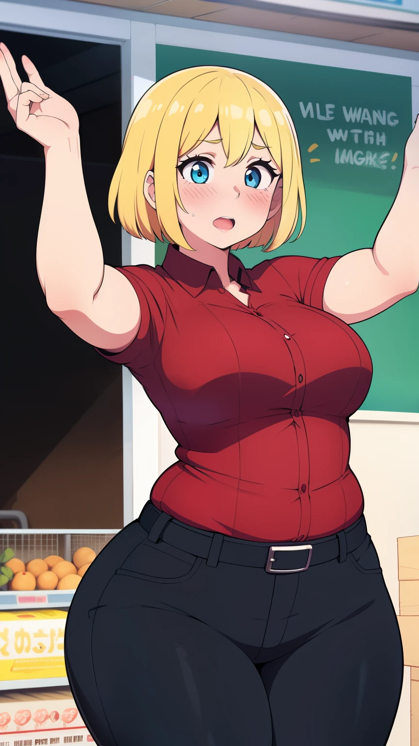 ((Masterpiece)), perfect ???????, perfect shading, field of depth, (best quality), extremely delicate and beautiful, perfect lighting, detailed face, ultra cute face, cute, ((1girl)), ((solo))
short fluffy blonde hair, ponytail, blue eyes, ((blush)), nervous, looking at viewer, tank top, jeans, cleavage, large breasts, ((thick thighs)), (wide hips), plump, breast grab
intricate background, detailed background, fast food restaurant,