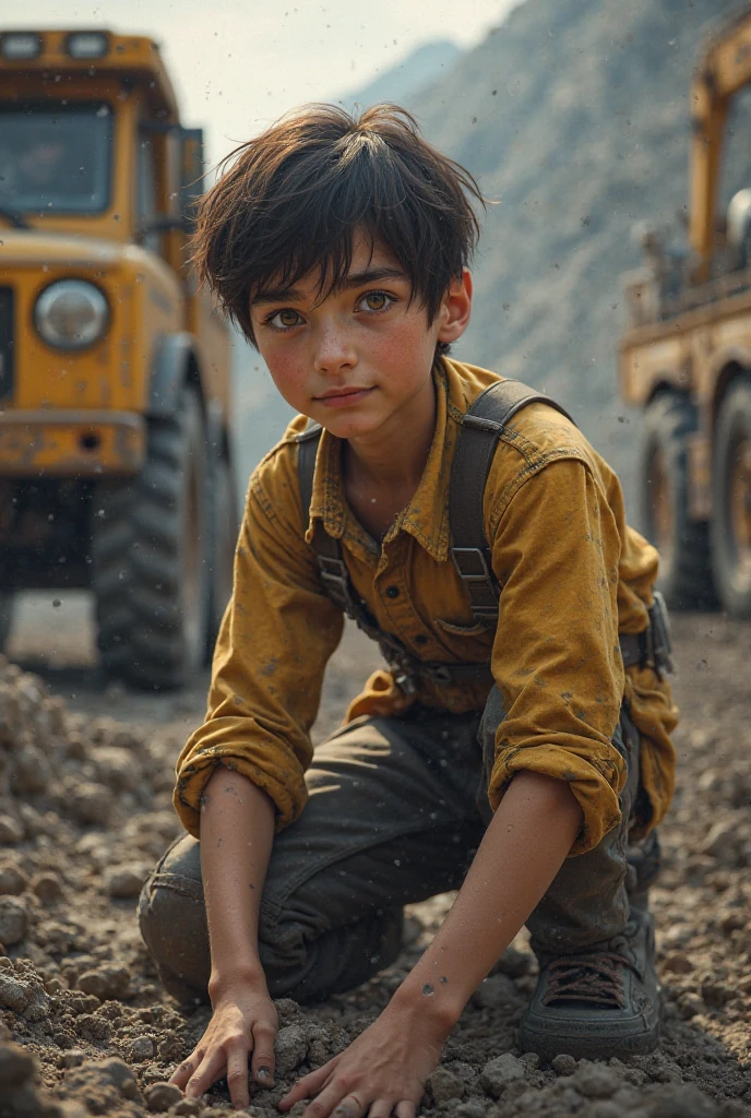 a children its a boy, the theme is a worker, the background is he is in the contruction site with backhoes and bolduzer make it realistic REAL PERSON(the subject is in the center, in front in camera) eyes in front of camera
