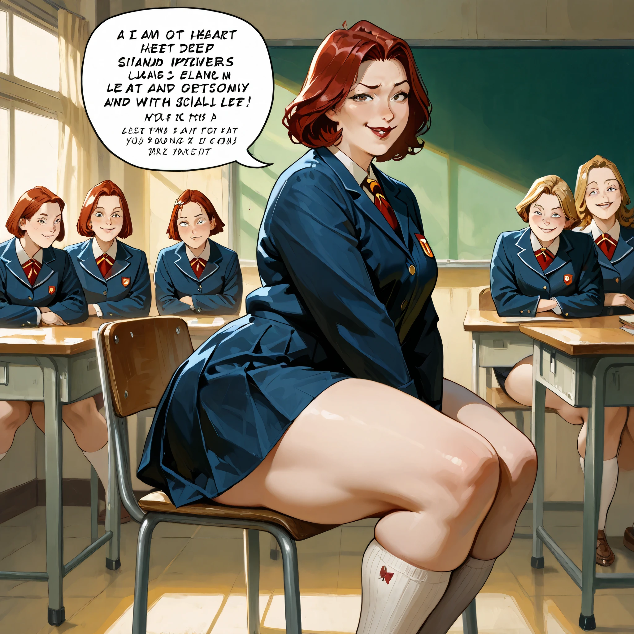 ,source_western, wide hips, plump, Sitting at a desk in a chair, lewd smile, (Long socks), Twin-tailed, Black and Red High School Girl Uniform, class room, from the side, Soft smile, Skirt, Random hair color, smug face, looking at viewer,, (hyper thighs), (skindentation), (smug emotions) (small breasts) (specular and volumetric lighting:1.3) (sunbeams:1.1) (deep shadows:1.1) (candid picture:1.1) (art by norman rockwell)((Phyllis Ginger)), flickr, op art, ((susan hayward, linda wilder, sigourney weaver, judy garland)) fat girl, (speech bubble with a sharp heart inside it)