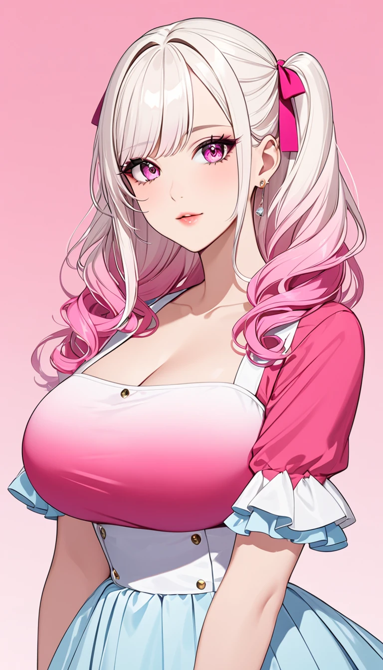 1girl, pink hair, long pink hair, blunt bangs, big lips, pink eyes, detailed eyes, cleavage, school girl uniform school girl skirt and white thigh high socks, hand on hip, superiority, (accentuated super huge enormously gigantic breasts), light smile, blush, nose blush, ((school classroom background)), anime, seductive, intimate, centered portrait, centered cowboy shot, dainty jewelery, earrings, dainty gold necklace, mouth closed, realistic anime, centered, wide shot, wide hips, huge ass, tiny waist, hourglass figure,