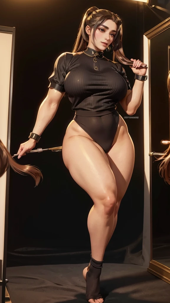 Huge tits, big ass, long legs, high heels, full body,Mini skirt