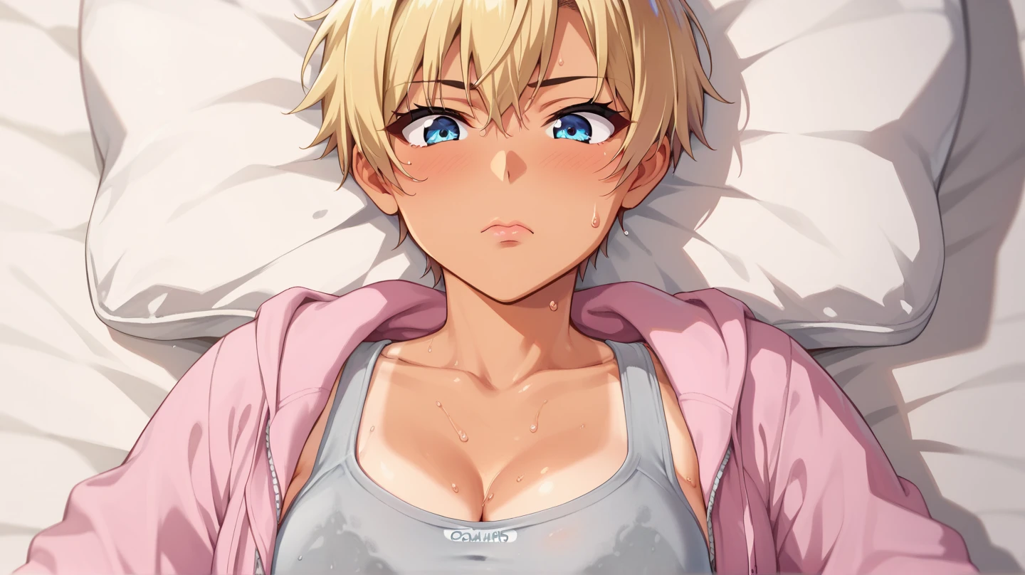 score_9, score_8_up, score_7_up, source_anime, solo, 1girl, berserk,  farnese, blush, shy, looking at viewer, arms behind back, blonde hair, hair over one eye, blue eyes, yellow shirt, short sleeves, white gloves, sexy, humongous breasts, large breasts, boob window, hellsing, indoors, Boob window, breast eindow, rating:safe, on bed, laying in bed, top view, birds eye view 