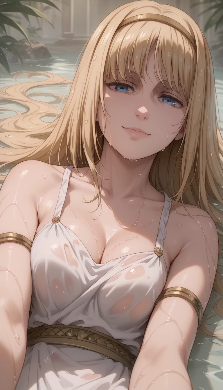 top-quality、Top image quality、masterpiece、girl with((20yr old、Best Bust、big bast、Bust 85,beautiful golden eyes、Breasts wide open,Blonde long hair、A slender、Large valleys、Gold Bikini Dresses、Shy face、the whole body is wet、wetting hair、lean against the wall、dye one's cheeks red、))hiquality、Beautiful Art、Background with((Night Pool、Parti、Golden Chain、Neon colored lighting)))masutepiece、visualart、depth of fields、