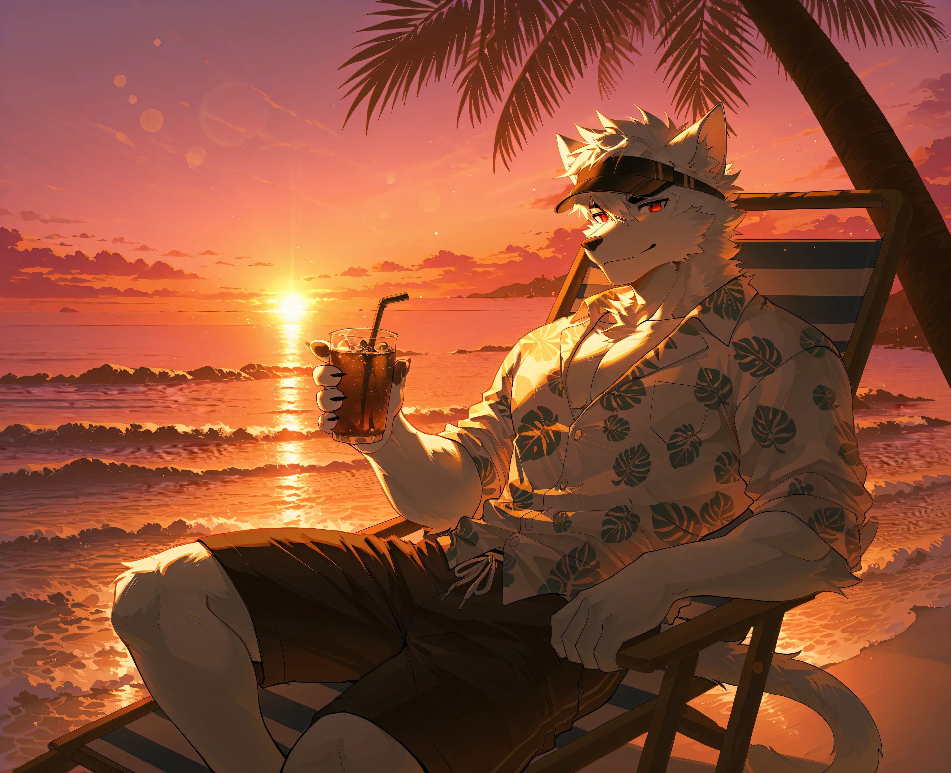 sfw,masterpiece,UHD,solo,highres,best quality,anatomically correct,furry male,male_focus,(white cat),collarbone,(white fur:1.5,white hair),short hair,black eyebrow,snout,(detailed eyes,red eyes,detailed pupils,beautiful eyes),snout,animal ears,cat ears,absurdres,shapely,handsome,cat tail,cowboy_shot,(slender muscle:0.3),(white hawaiian shirt,visor,shorts,),(5 fingers:1.1),(skinny:0.7),(peaceful face,light smile),drinking water,sitting on beach_chair,leaning back,(on beach,waves,afternoon,palm tree,beachchair,iced drinks),golden_hour_lighting,ray tracing,looking_away,from_side:1.3,(sunset,ambient light:1.2),bokeh,detailed background,Tyndall effect,(beach scenery),((beautiful detailed water)),break,(wolftapioca:0.3,chung0u0,(by zwm:0.6),(lindong:0.8),(by null-ghost:0.8),huashijw,(asteroid_ill:0.8),(smile \(qd4nsvik\):0.9)),cg,highres,sfw