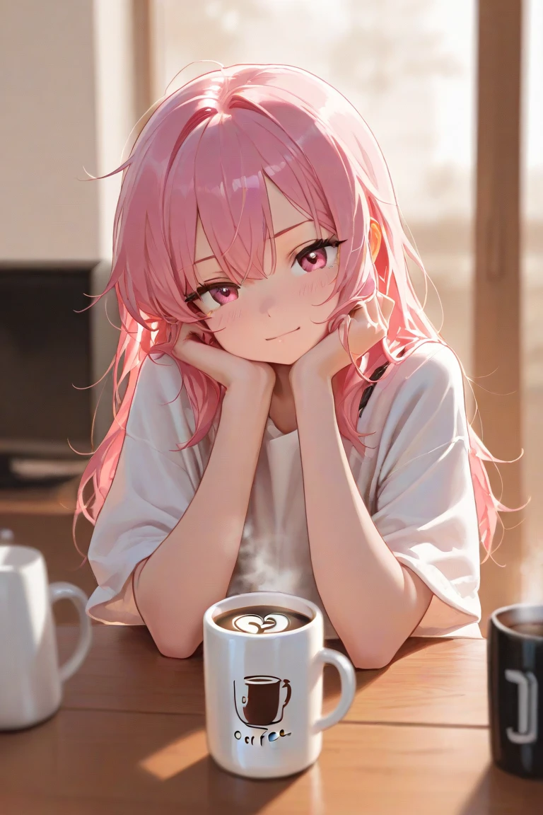 little loli with pink hair drinking tea in an empty white room
