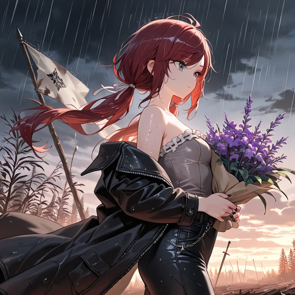 (masterpiece:1.2, Best Quality), (finely detailed beautiful eye: 1.2), (beautiful detailed face), (masterpiece:1.2, Best Quality), (finely detailed beautiful eye: 1.2), (beautiful detailed face), solo, close up, from side, thin girl, holding bouquet of purple flowers, expressionless, :l, Gray eyes, dark red hair, swept bangs, low twin tails, white ribbons, strapless sleeveless shirt, gray shirt, shirt with white trim, frill trim, black coat, black jeans, black nails, thin thighs, thin legs, dusk, willow tree leaves, close up, messy hair, stoic, shadowy aura, battlefield, heavy rain, dark clouds, puddles, wet clothes, wet skin, wet hair, blood splatters, flags, swords, smoke, dead armored men, stars, star shadow, dusk. charred wasteland,
