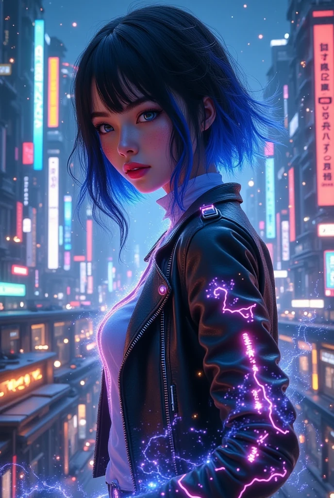 portrait, 1 girl, beautiful face, asymmetrical hair, multi-colored hair, belt, bodysuit, covered mouth, covered navel, detached sleeves, grey eyes, hip vent, open jacket, cute, look at viewer, night city, neon, rainy,