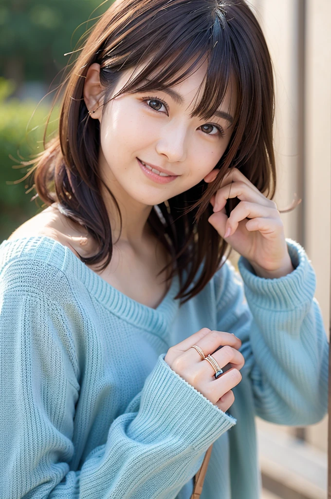 (highest quality,masterpiece:1.3,Ultra-high resolution),(Super detailed,Caustics,8k), (Photorealistic:1.4, RAW shooting),dusk,Sunset sky,Inside the Japan house,Japanese,20-year-old,smile,Black Hair Middle Hair,(Blue short-sleeved summer knit),Big Breasts,Bust up shot,Natural light,(High Position),(High angle)
