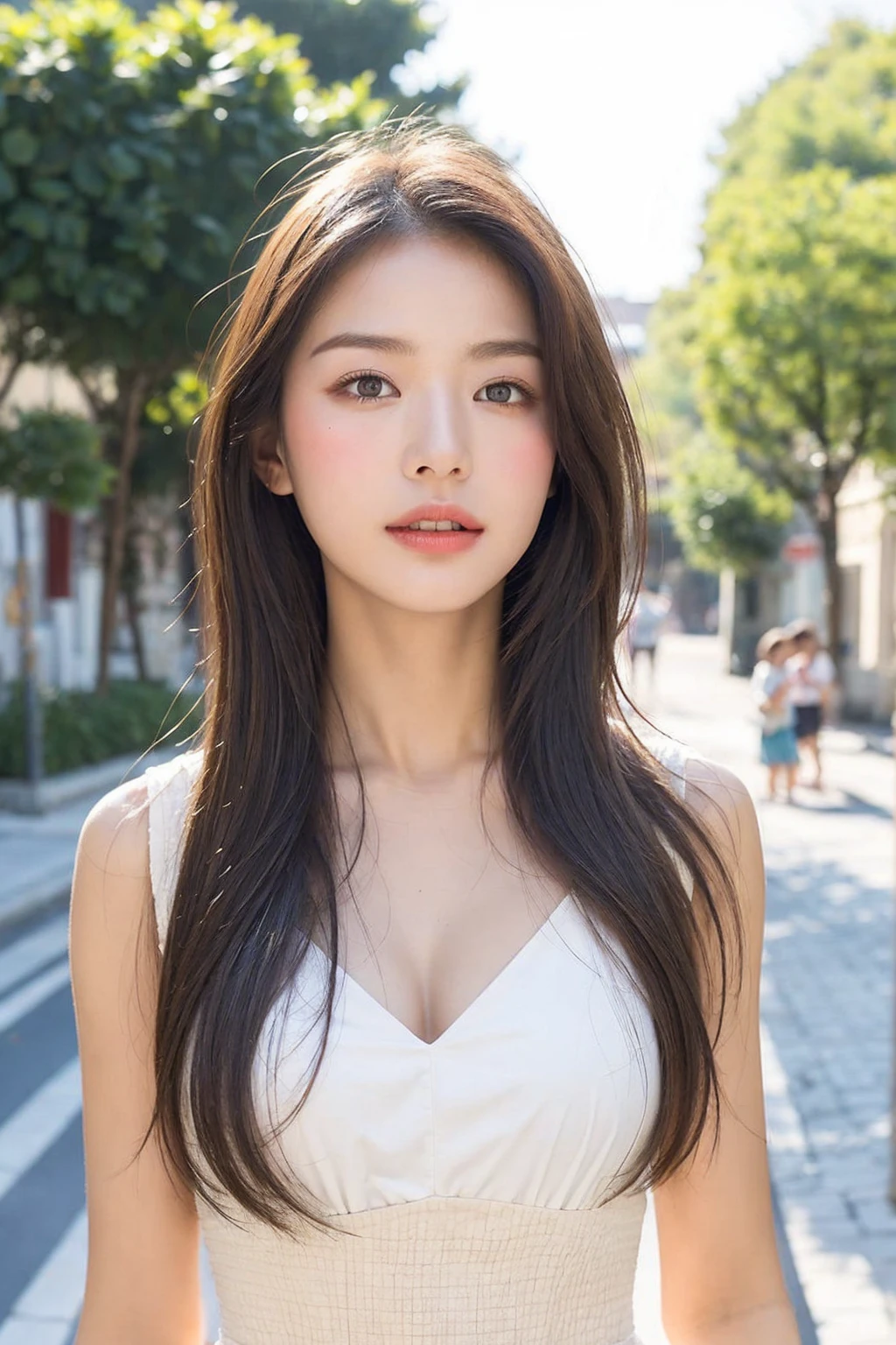 Best Quality, White skin, Real Human Skin, (Detailed face), Face Focus, Hyper Sharp Image, oval-face, pores, 超A high resolution, (8K, Raw photo, Photorealistic:1.4), 1girl in, slim, (largebreasts:1.37, cleavage), (Look straight at the viewer with calm, goddess-like happiness:1.2), (Lifter Gloss, Eyelashes, gloss-face, Best Quality, 超A high resolution, Broad lighting, Natural Shading), Teacher-style fashion, Sleeveless, Emerald Green A-Line Dress, Cityscape, Fashion Street Venue, arms behind back:1.3, Barry's Background, Bokeh, depth of fields, Cowboy Shot:1.3,