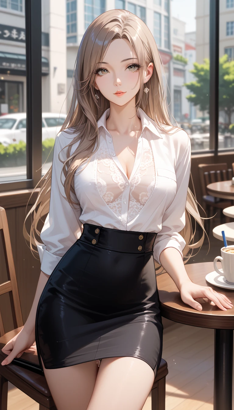 8K quality、High definition、Realistic skin texture、High definitionの瞳、Man sitting、A female cafe owner seduces a male customer、Brown long hair、、Ring piercing of the earlobe、Neat blouse、Neat skirt、Beautiful legs、Beautiful thighs、Dignified face、slender、Model Body Type、Ripe body、Neat 30 year old woman、Flip-up skirt、Bare buttocks、Exposed genitals
