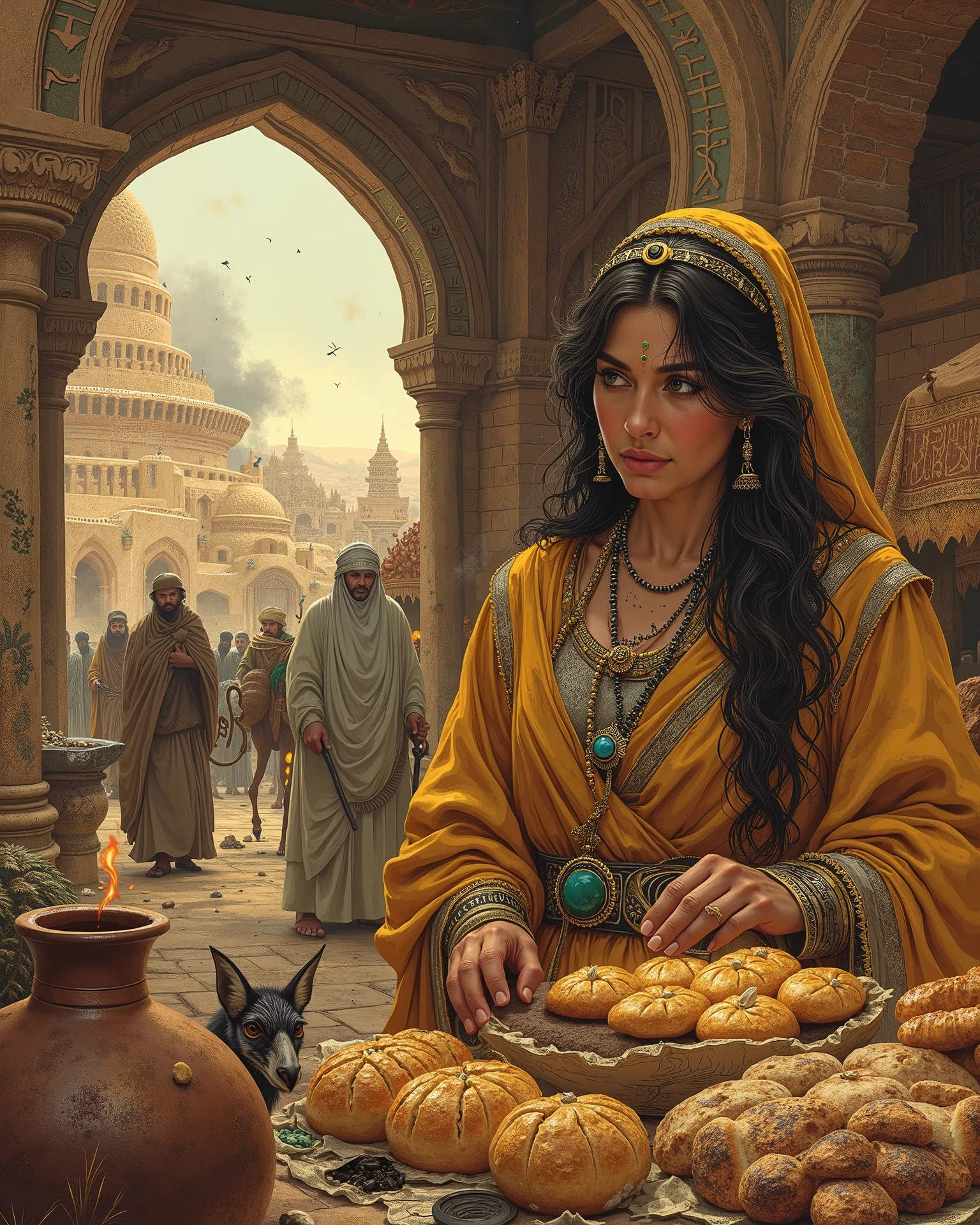 A richly detailed illustration of a bread seller in the bustling *Bazaar-e Estakhr* of the Sasanian Empire, inspired by Don Lawrence’s hyper-realistic style: A regal woman with amber-toned skin and jet-black hair coiled beneath a gold-threaded *kolah* headscarf stands at a sunbaked clay oven. She wears a draped *qamis* robe in saffron silk, patterned with pomegranate motifs in lapis lazuli dye, cinched by a silver *kamar* belt inscribed with Pahlavi script. Her hands, hennaed and calloused, tend to breads—crisp *nān-e sangak* strewn with wild thyme, golden *nān-e barbari* scored with zigzag patterns, ash-blackened *taboon* loaves from the oven’s embers, and honey-drizzled *sheermal* buns wrapped in fig leaves. Behind her, the bazaar teems under vaulted brick arches adorned with stucco carvings of griffins and the Faravahar symbol. A Zoroastrian *mobad* priest in white robes bargains for ritual breads as spice traders unload sacks of saffron beside Bactrian camels. Distant fire temples smoke on the horizon, their stepped silhouettes framed by the Taq Kasra’s colossal arch. Don Lawrence’s precision highlights textures: the woman’s beaded agate necklace, blistered clay oven bricks, and glinting silver *drachm* coins in a copper scale. A peacock struts near baskets of pistachios, its feathers mirroring the bazaar’s turquoise *kashi* tiles. Ethereal detail: faint embers from the sacred oven glow within the bread’s cracks, as if blessed by Atar, the fire divinity. A sandstorm’s haze blurs the edges where caravans vanish toward Ctesiphon, while a stray desert fox laps at a clay water jug. The air thrums with zither music, camel bells, and the crackle of flames devouring tamarisk wood.