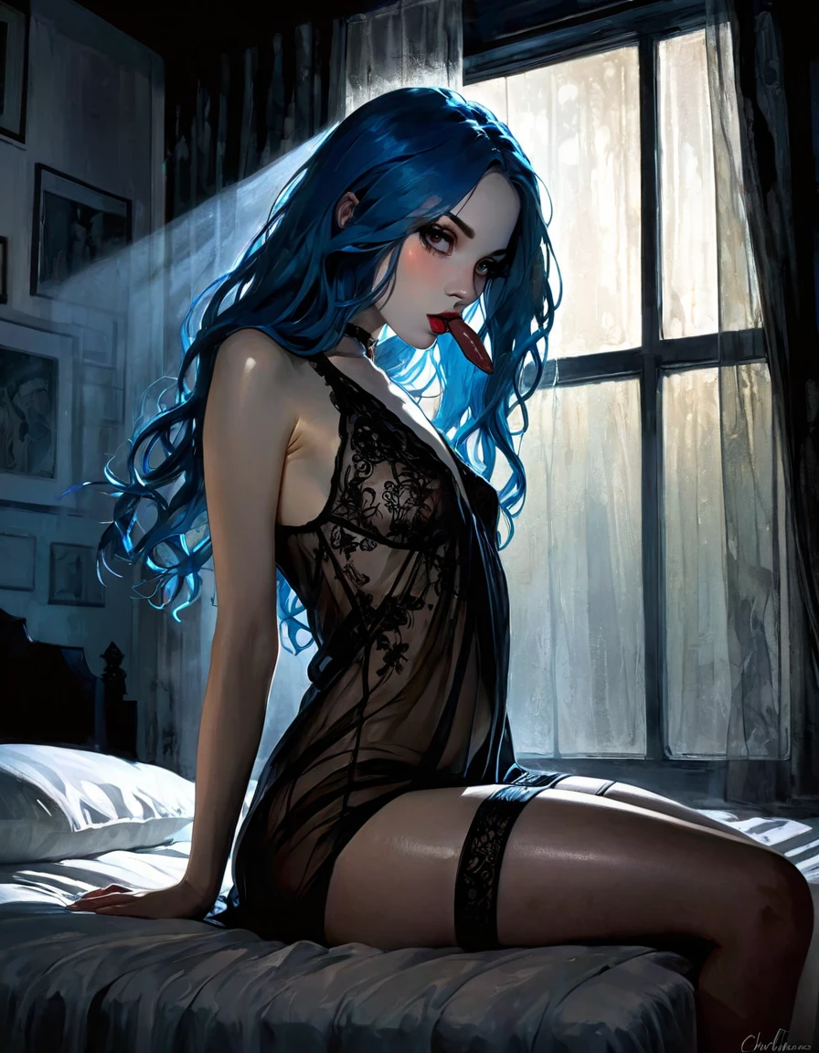 A (ink wash painting: 1.5) glamouruse model shot, ink sketch, RAW, award winning, of an exquiste beautiful 1solo woman, ultra feminine, full body, busty woman, most beautiful face, long hair, wavy hair, wearing (blue: 1.5) silk corset, stockings, wearing intricate high heels, lying in bed, light make up, modern day high society bedroom background, (black and white filter: 1.4), (anatomomiccaly correct: 1.4), 1960s photoshoot style, picture taken from dynamic range, ultra wide shot, photorealism, depth of field, hyper realistic, 2.5d rendering