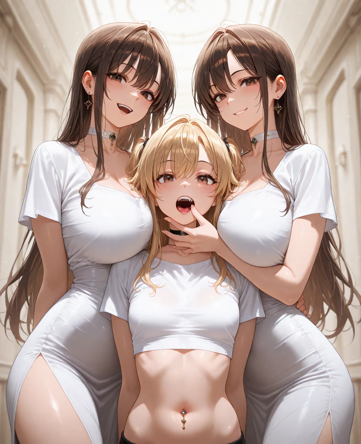 three naked blonde hair fox ears slave girls in a lake wearing collar. green eyes. Different hairstyles. crawling at viewer with hand on crotch. Open mouth in a happy embarrassed pleasure expression with eyes half closed. Wet bodies. natural breasts, saliva trail, pubic hair, meowing, headdress, pinkish background