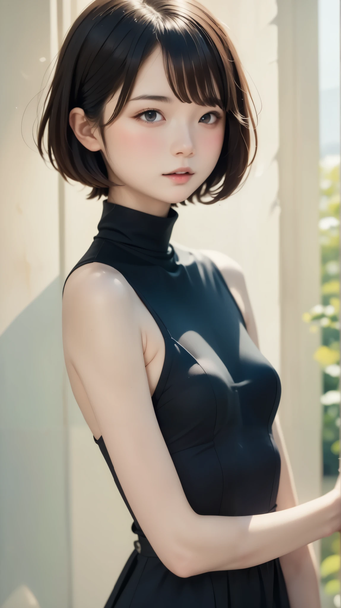 top quality、masterpiece、perfect anatomy、 RISE OF THE CENTER,black dress,turtleneck, (((Perfect Proportions, short hair)))、small breasts、turtleneckのニット