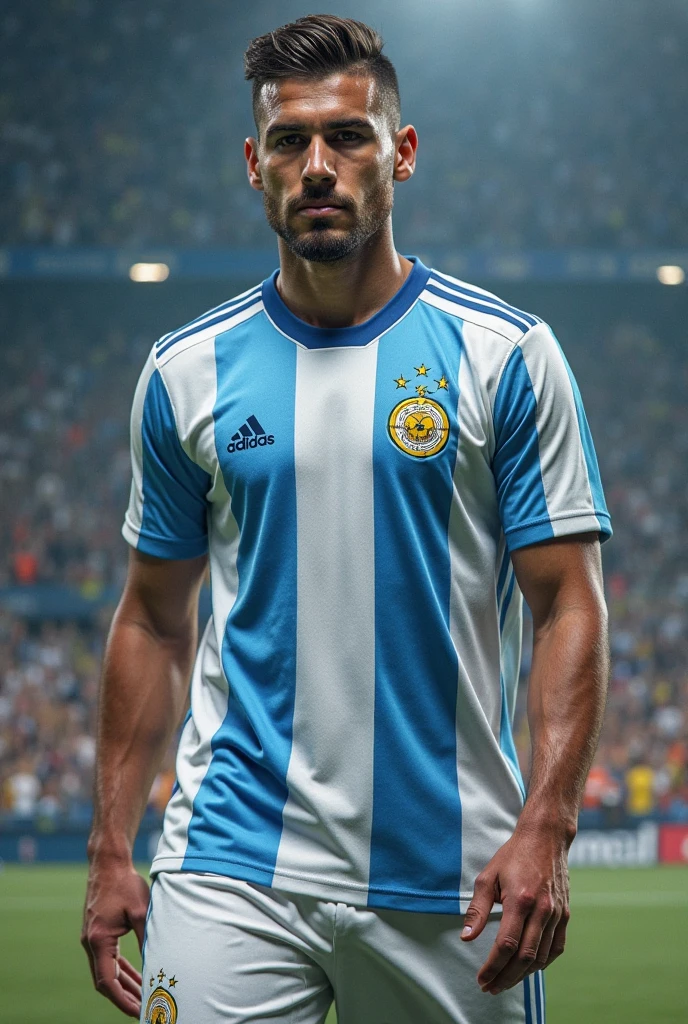  one 20 year men wearing Argentina football jersey with name SOHAIL and number 31  football under his feets background beach