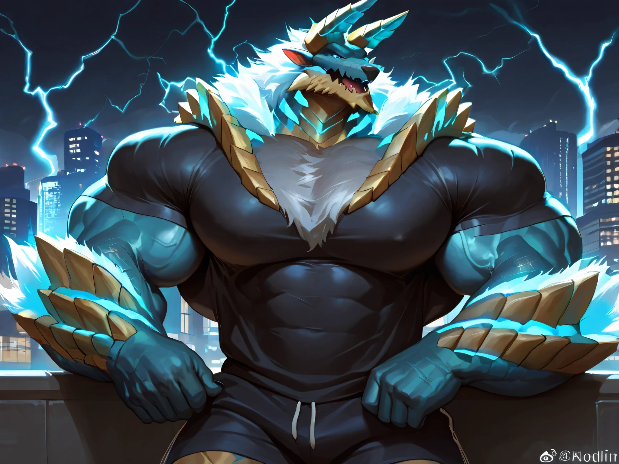 solo, massive muscular, zinogre, shirtless, very huge pectoral, shorts, tshirt, city, thunder, detailed face, wide shoulder, thick arms, wide pectoral, muscle, short hair:1.2, masterpiece, semirealistic:1.2, high detailed, 8k, high resolution