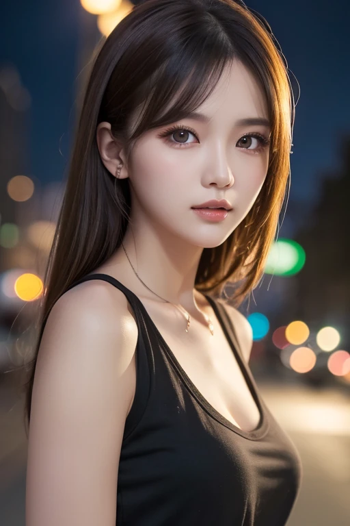 (Best quality, High resolution, Masterpiece :1.3), A pretty woman, Slender figure, Dark brown hair, T-shirt, (Street in city at night), Highly detailed face and skin texture, Detailed eyes, Double eyelid and cats
