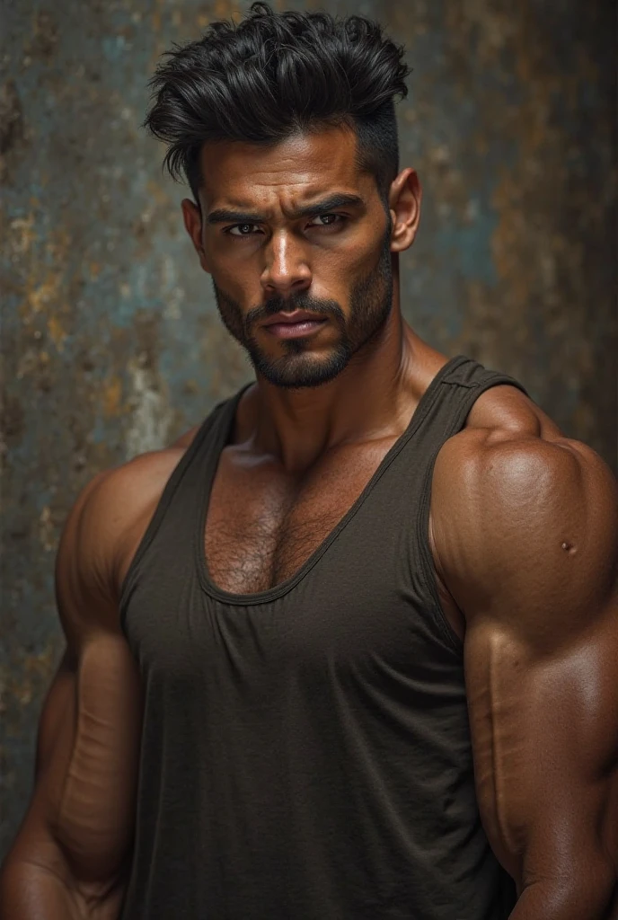 A very handsome, stocky vampire with undercut hair, bara pecs, black cloack, big , Male men, Beard