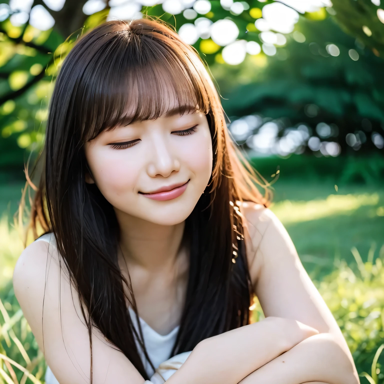 A breathtakingly beautiful 20-year-old woman stands in a lush green park at sunset, bathed in the warm golden light of the evening sun. Facing forward, her eyes gently closed, cheeks slightly flushed, and her face tilted upward as if anticipating a kiss, she embodies serenity and romance. The soft hues of the sunset complement the tranquil surroundings, enriching the dreamy atmosphere. Long hair, black hair, dark eyes.