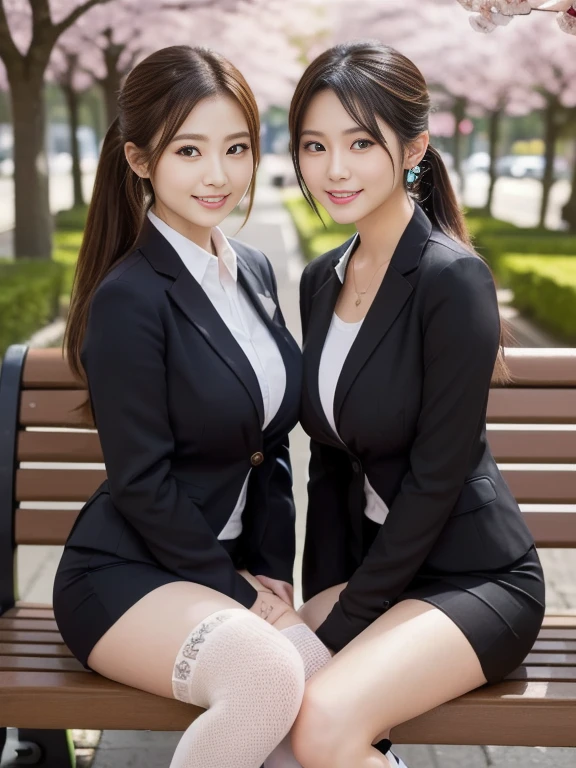 top-quality, ​masterpiece, pretty 1girl, beautiful smiling face, (photographrealistic:1.3), Rim lighting, (High Detail Skins:1.2), 8K UHD, Digital SLR, hightquality, hight resolution, bokeh dof, best ratio four finger and one thumb, (realisitic:1.3), Wearing a black formal blazer, middlebreasts, no-bra, Black short skirt, One Man Behind, Grabbing a woman's chest、