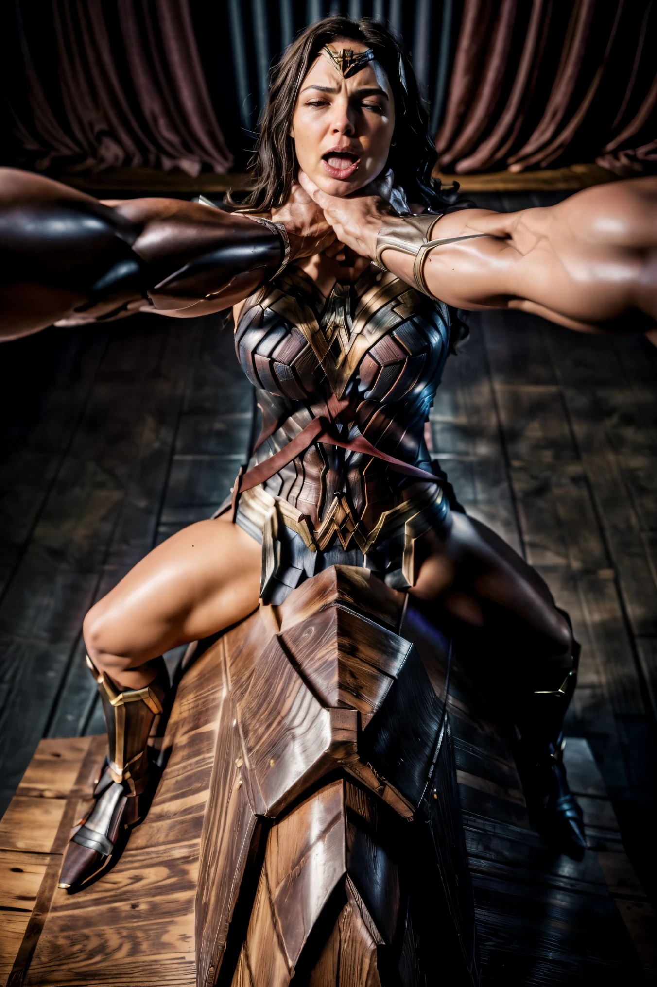 (1 girl), (cara delevingne:1.25), ((wide shoulders:1.5)), (woman wearing a dominatrix outfit with huge tits:2.5), earrings, eyeshadow, lipstick, (full body pose:1.5), (ten pack abs:1.5), (full body view:1.5), ((large muscular veiny breasts:1.5)), choker, (sculpted muscles:1.9), detailed eyes, (dominatrix with huge erect penis:2.5), (muscular body:1.9), (looking at viewer), (smile:1.5), round ass, dark bedroom, night time, rim lighting, two tone lighting, dimly lit, clean skin, low key (DETAILED SKIN), licking lips, (naughty girl face:1.25), naughty, bokeh, (blank dark background:1.5), in the art style of peter mohrbacher