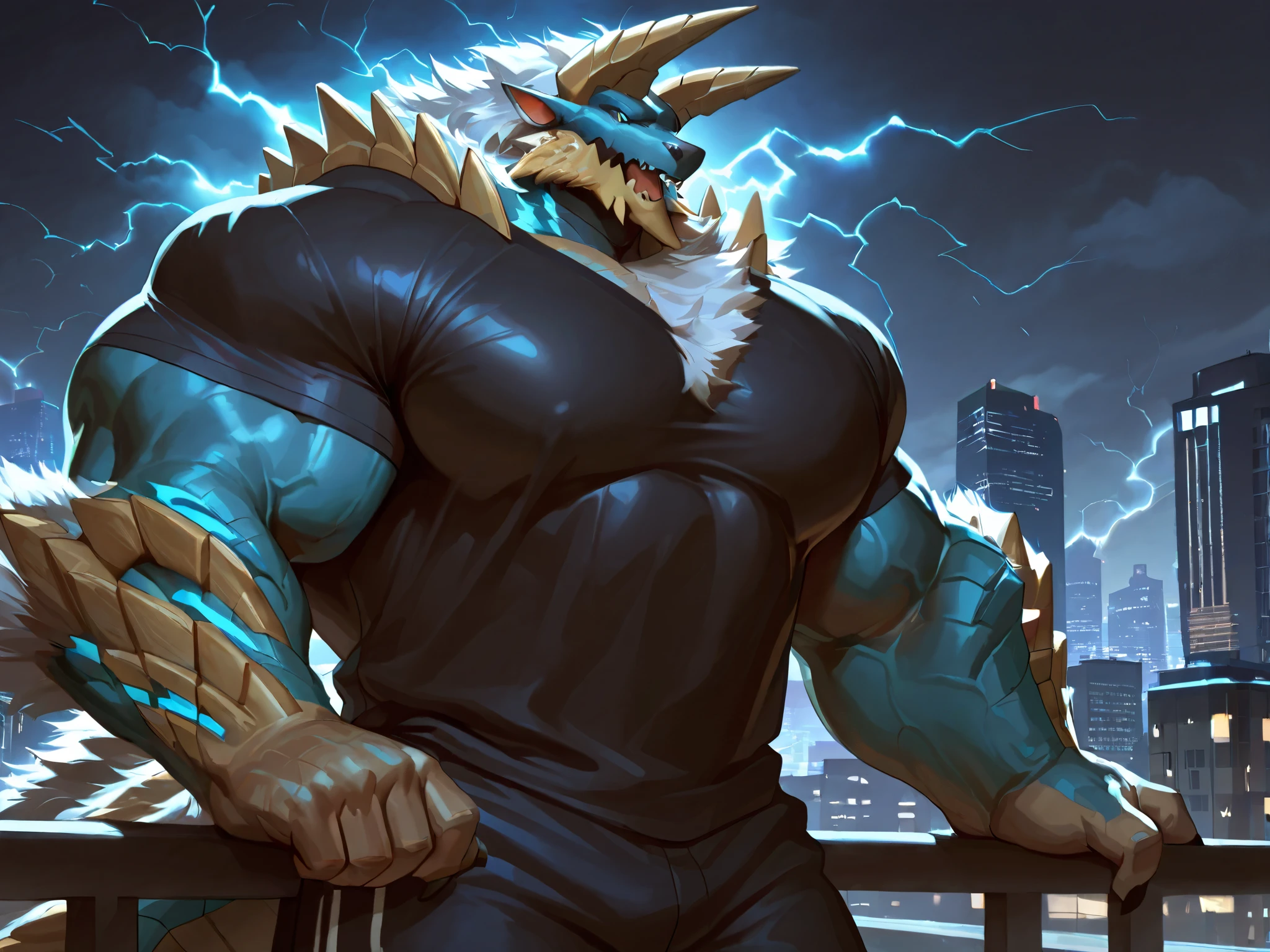 solo, massive muscular, zinogre, shirtless, very huge pectoral, shorts, tshirt, city, thunder, detailed face, wide shoulder, thick arms, wide pectoral, muscle, short hair:1.2, masterpiece, semirealistic:1.2, high detailed, 8k, high resolution